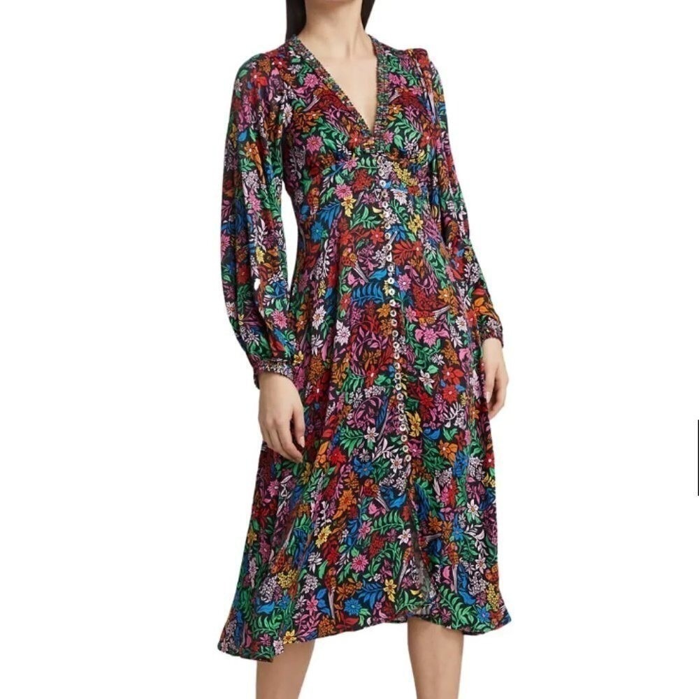 Farm Rio Black Mixed Prints Floral Birds Midi Dress V-Neck Balloon Sleeve Size L - Picture 12 of 16